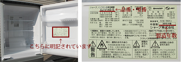 買取り冷蔵庫の品番(型番)の明記場所画像
